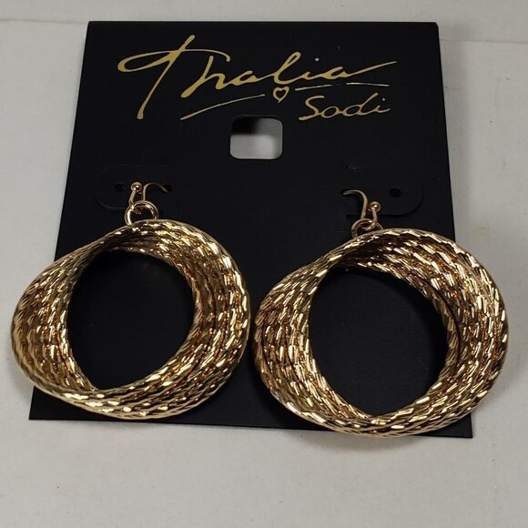 Thalia Sodi Medium Textured Gold-Tone Multi-Row Drop Hoop Earrings - Picture 1 of 8